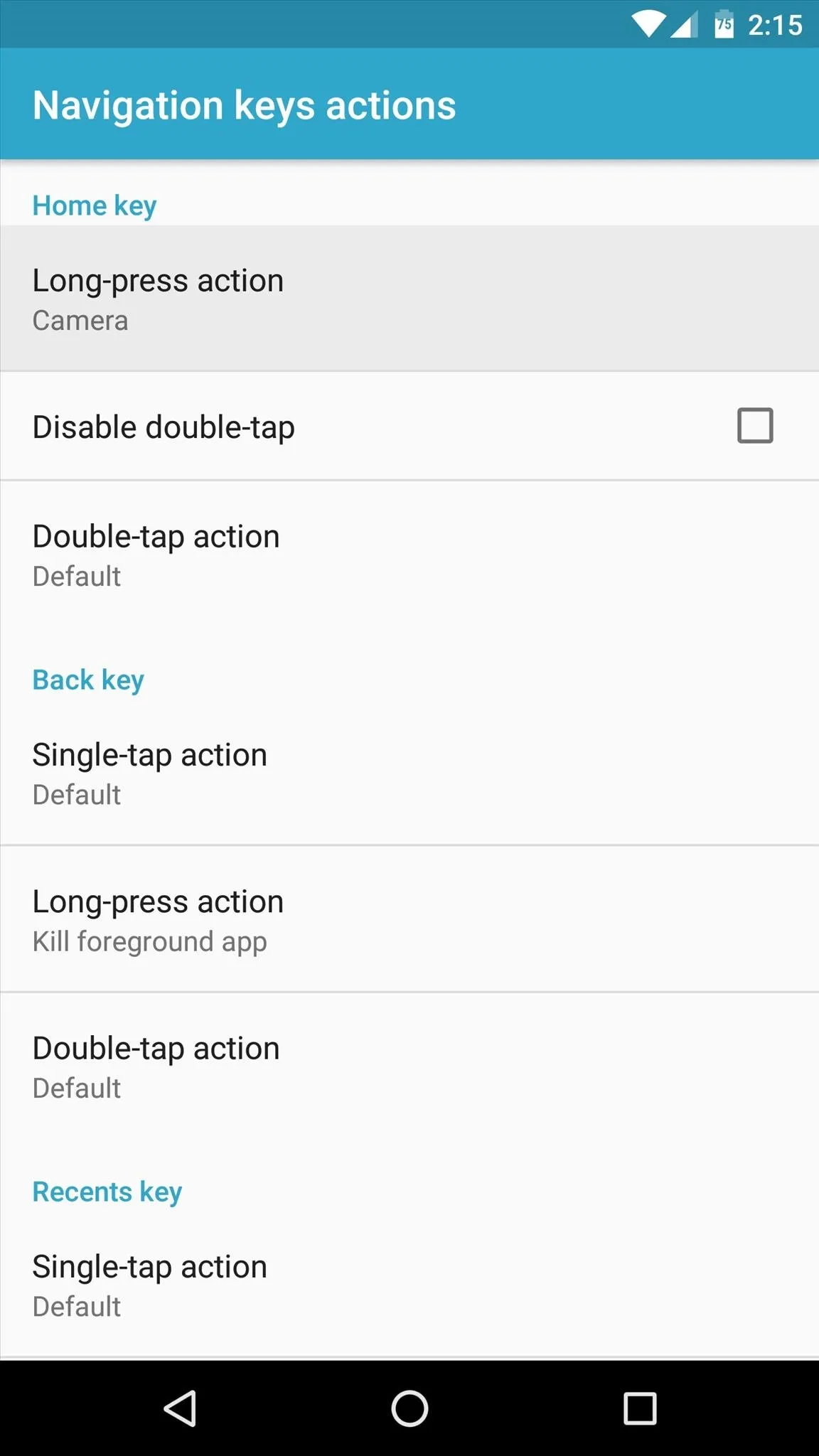 Navigation key actions settings menu.