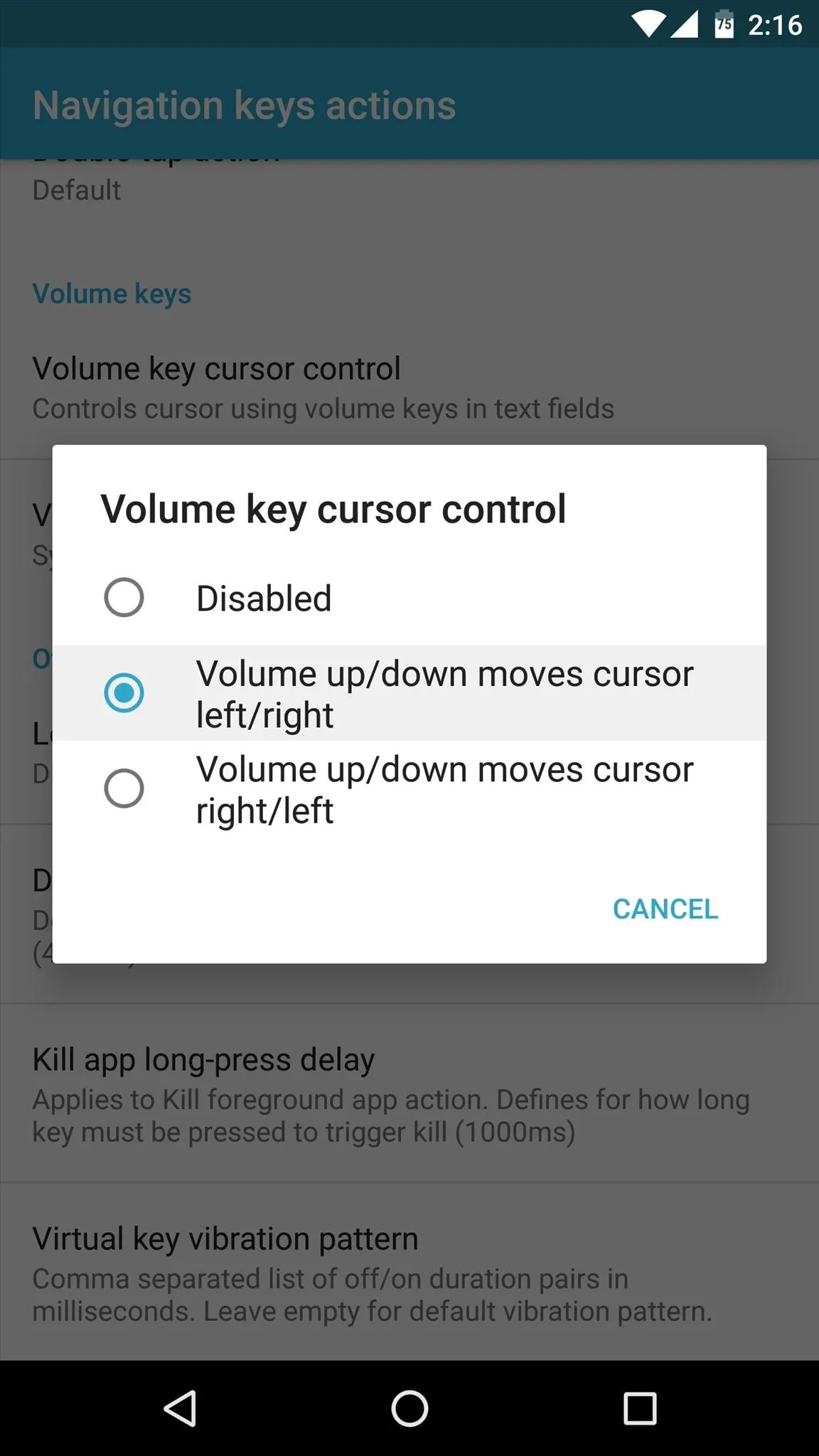 Volume key shortcut settings on a mobile device.