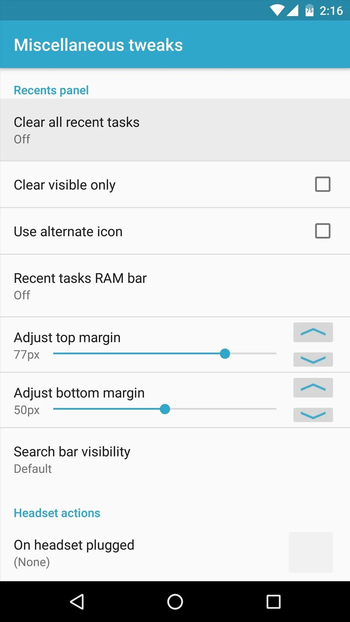 Settings menu for adjusting margins and visibility in a mobile application.