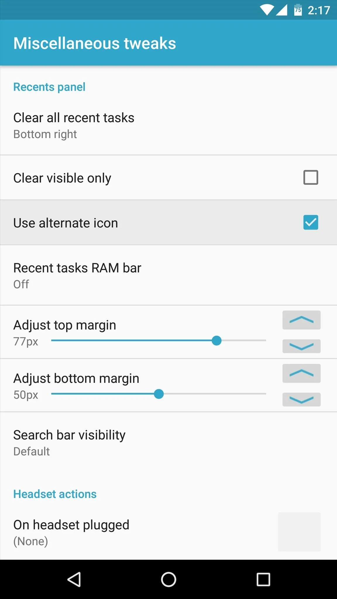 Settings menu for adjusting sales margins and visibility options.