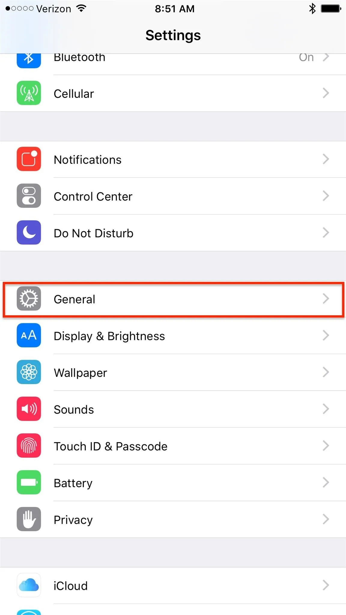 Settings menu on a smartphone showing available options, with "General" highlighted.