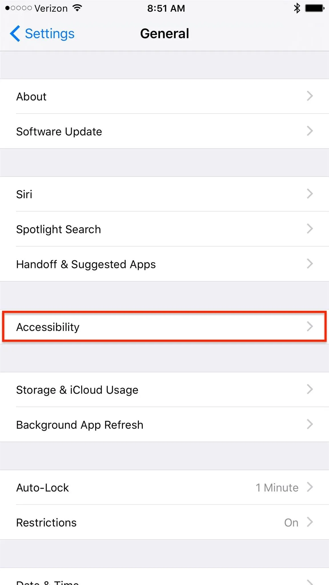 Settings menu showing 'Accessibility' option highlighted in a mobile device.