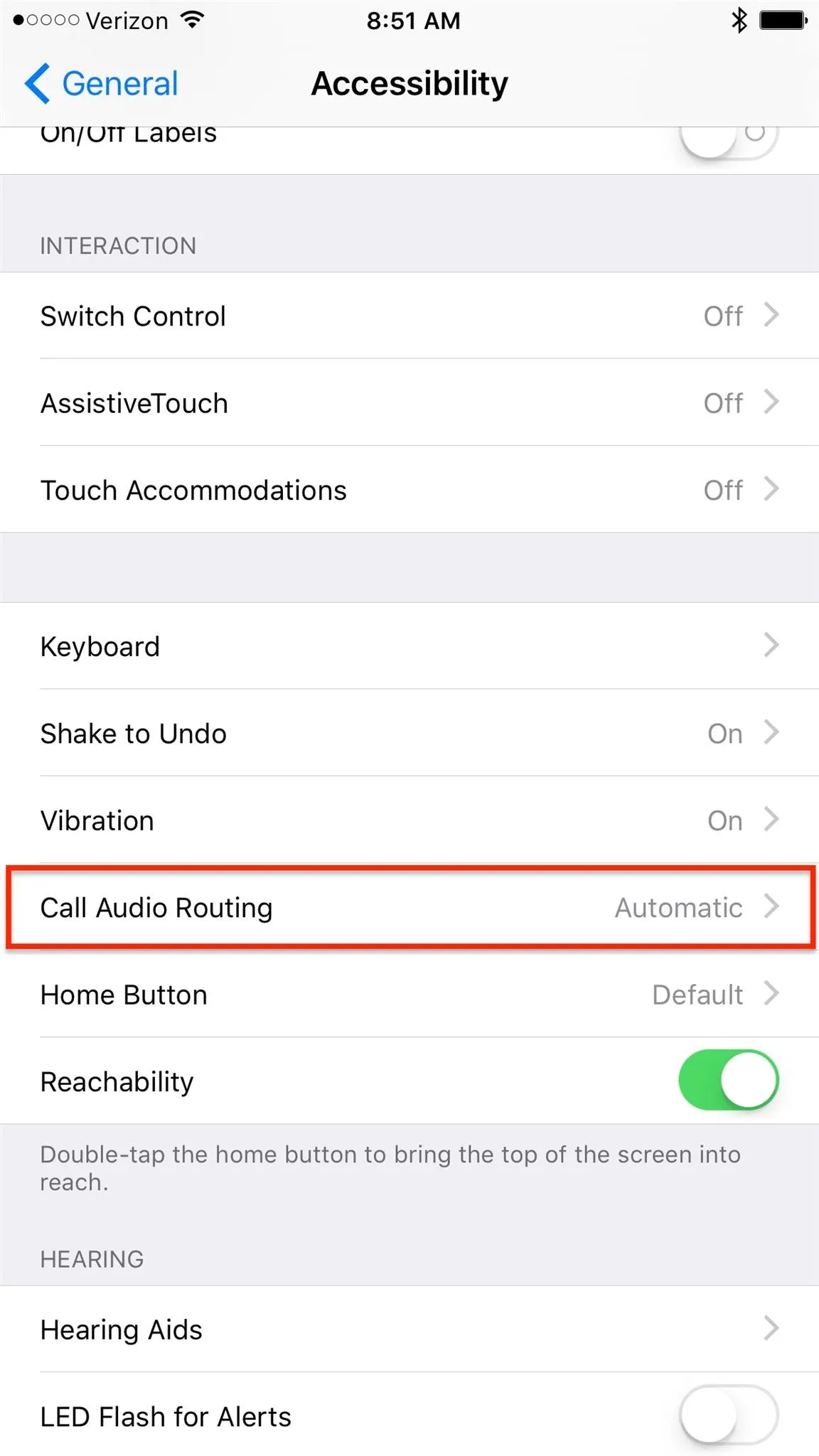 Accessibility settings page with options related to guided access and touch accommodations.