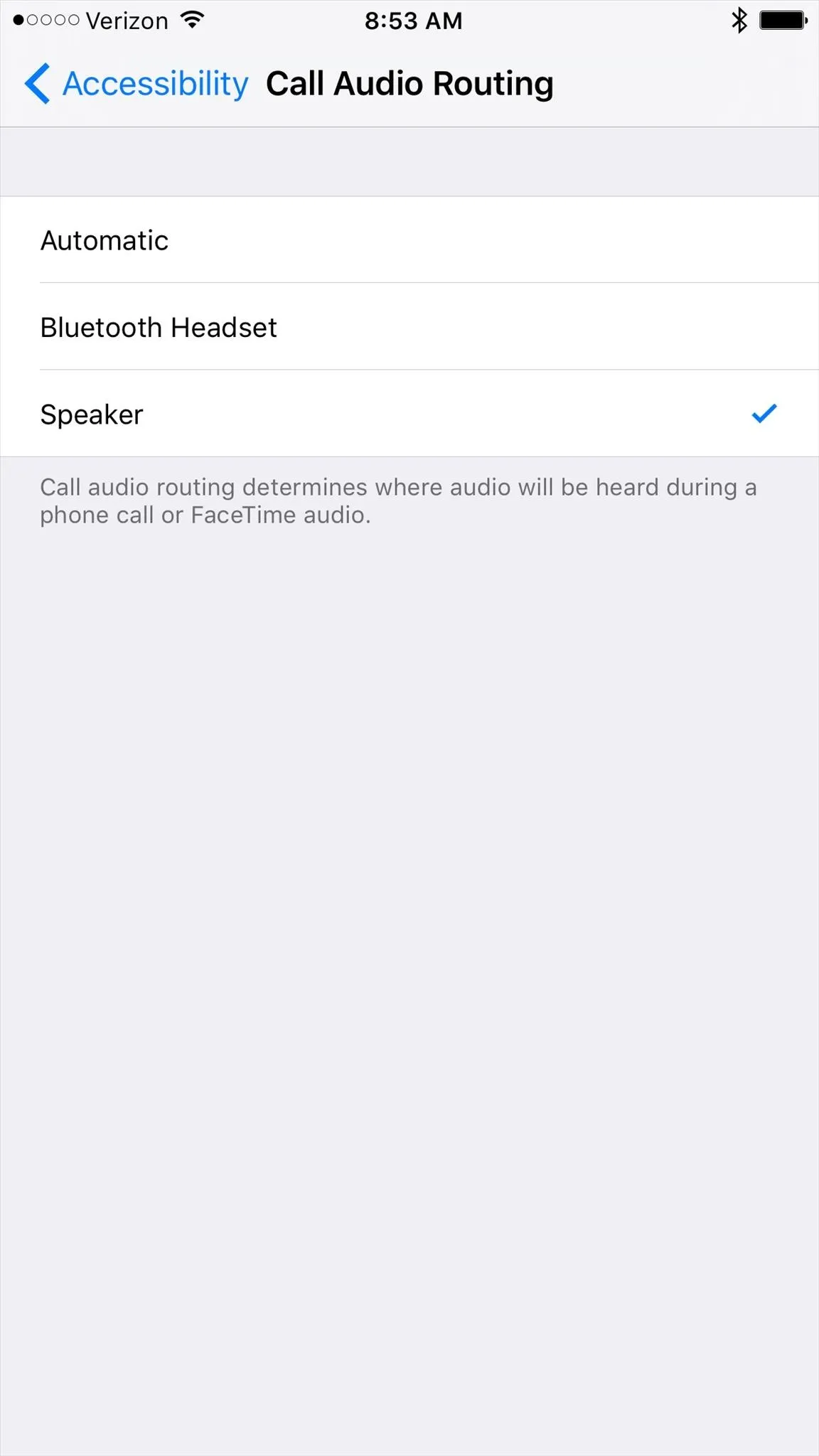 Accessibility settings for call audio routing on a mobile device.