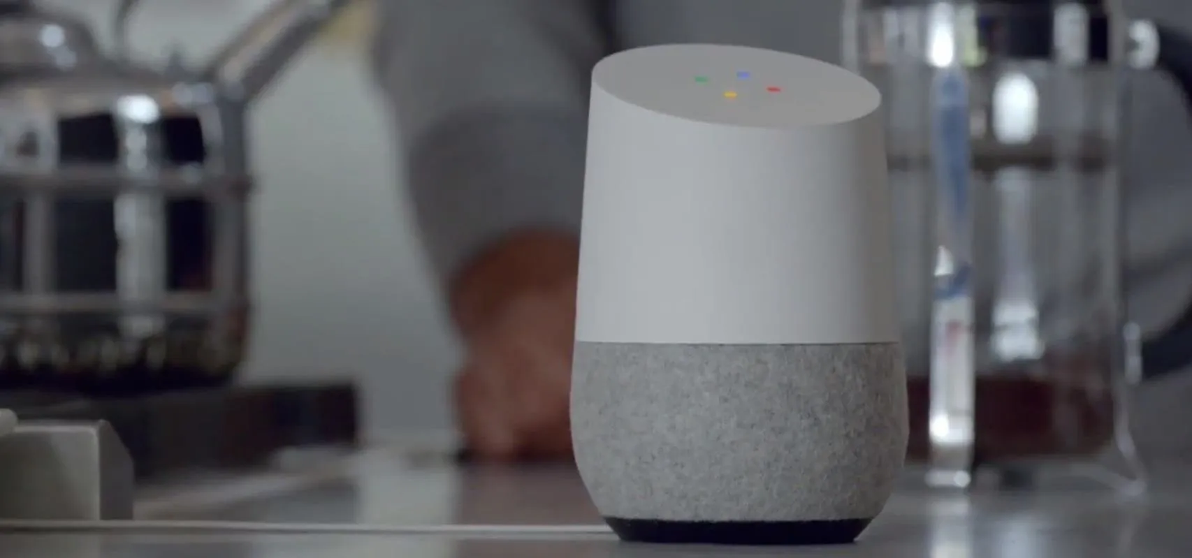 Smart speaker on a kitchen countertop.