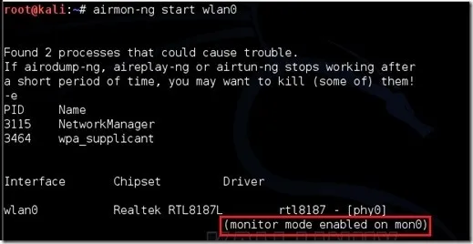 Command line output showing the activation of monitor mode on a wireless interface.