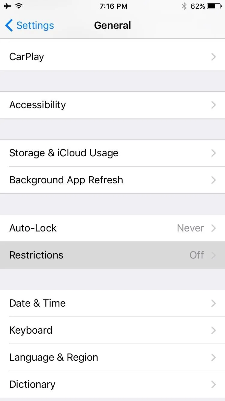 iPhone settings menu showing General options.