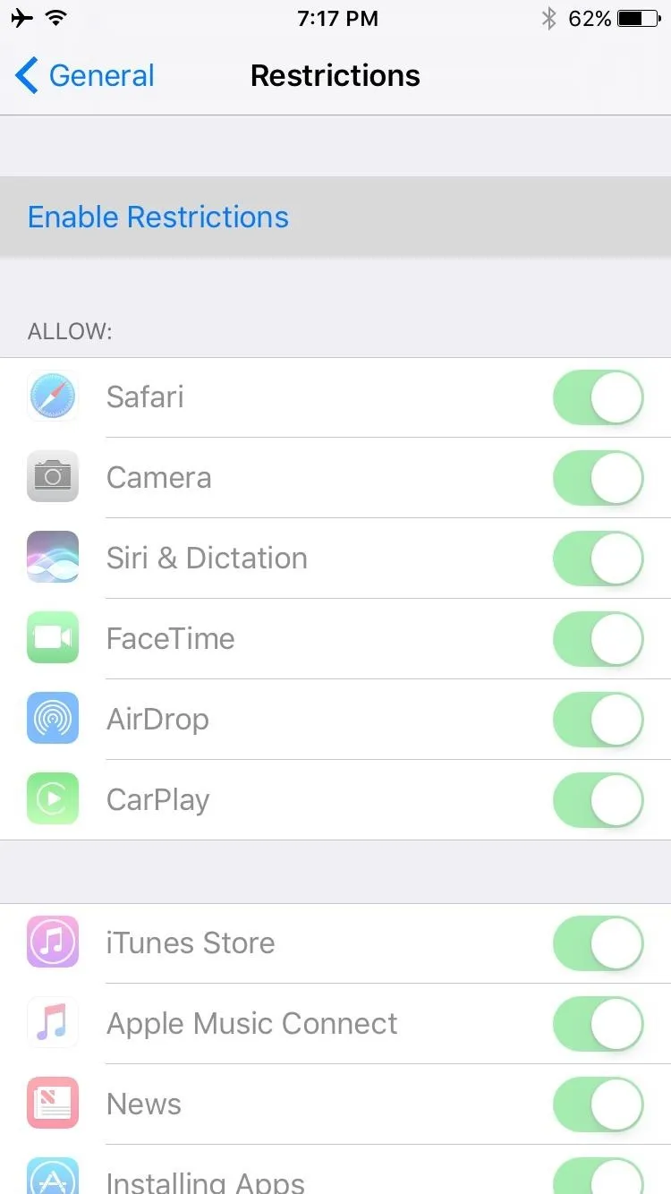 Settings menu with options for enabling or disabling various features and notifications.