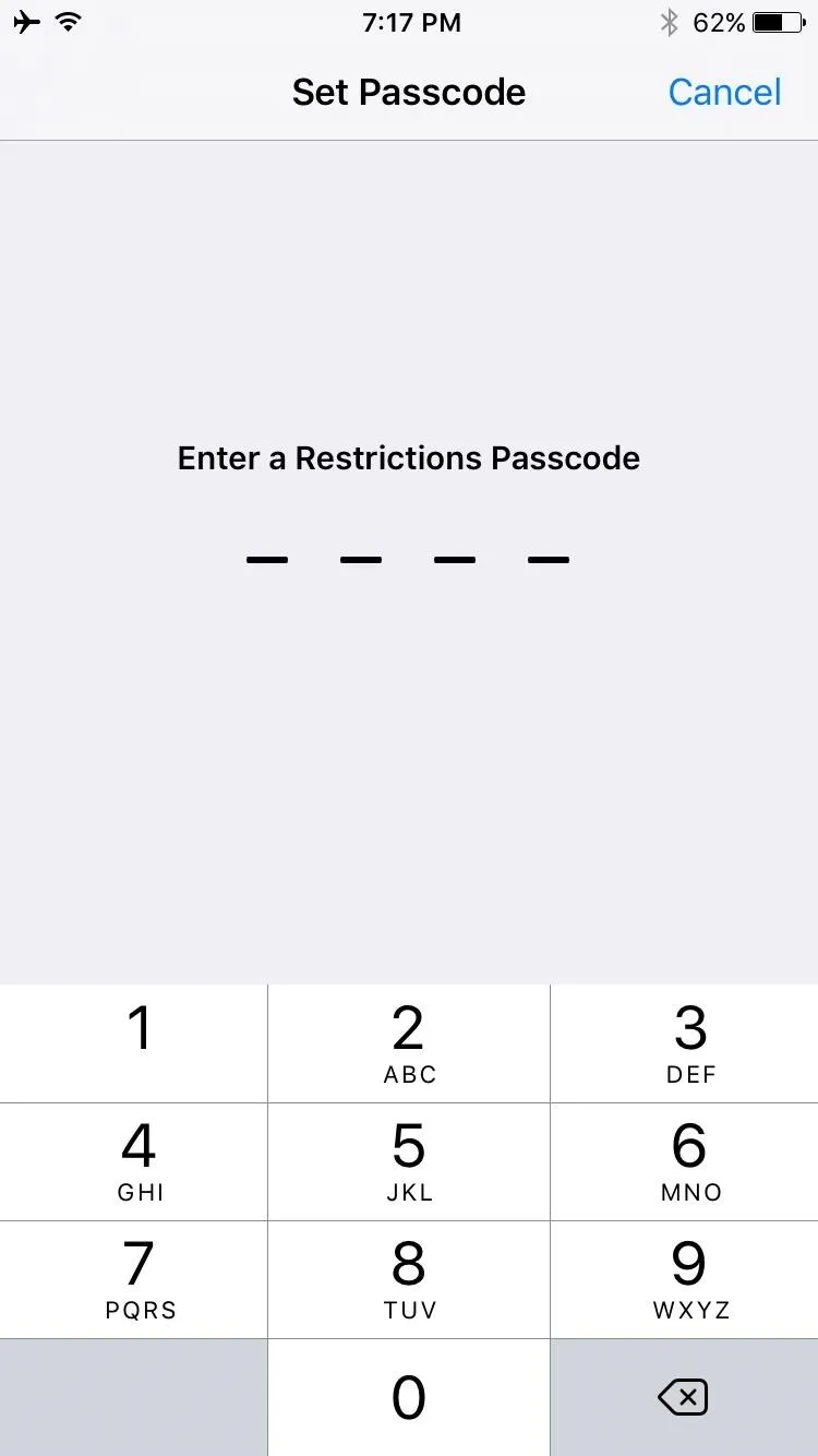 Set Restrictions Passcode Entry Screen