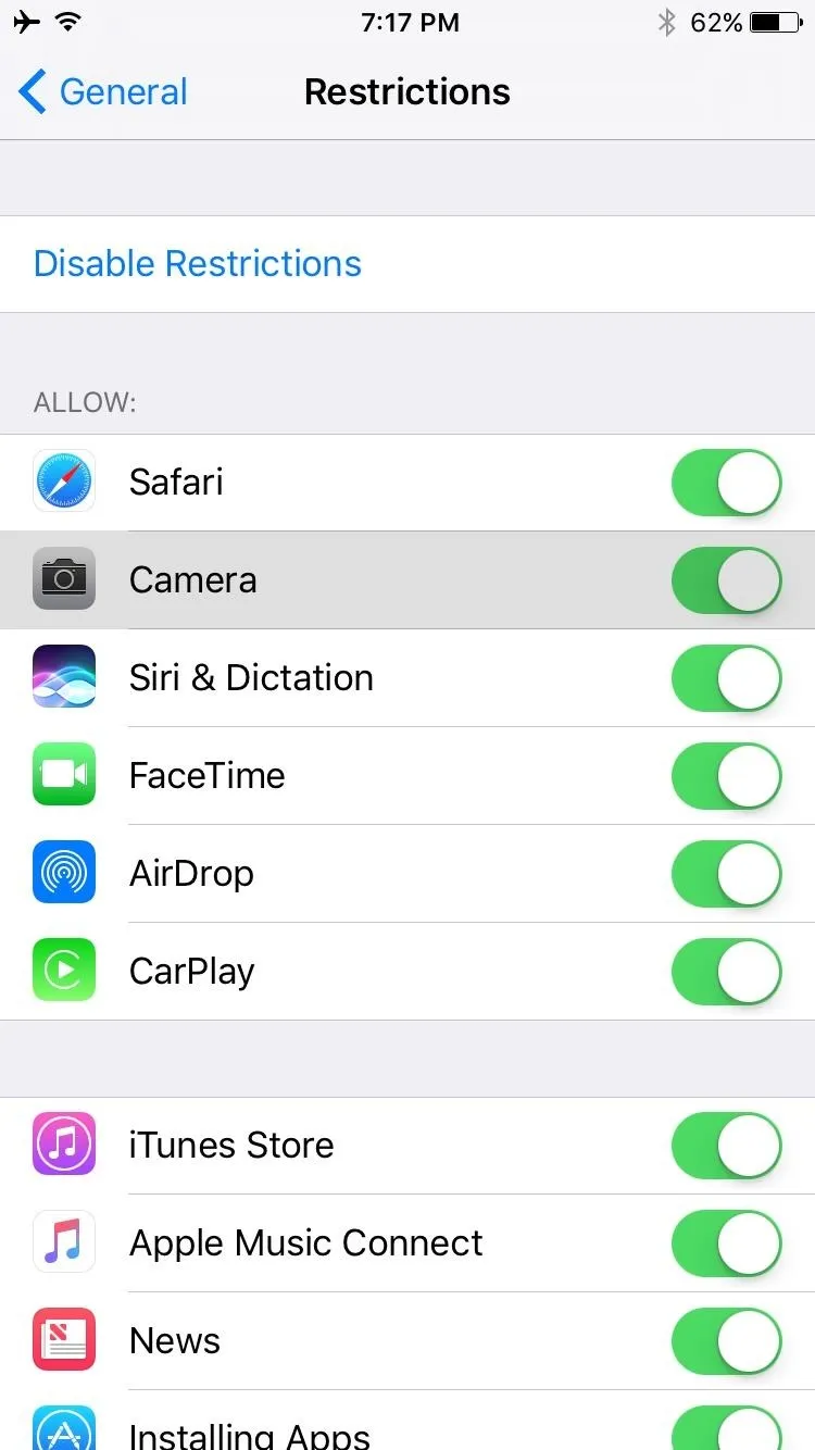 Settings menu showing app restrictions on a mobile device.