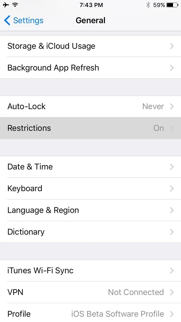 iPhone settings menu displaying general options.