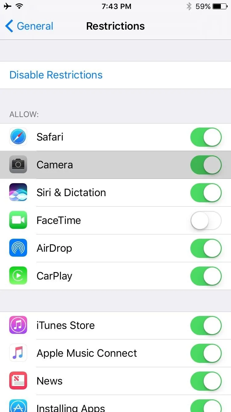 Settings screen showing app restrictions on an iPhone with options highlighted.