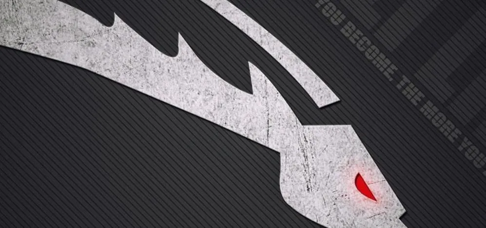 Dragon logo featuring a stylized head with a red eye on a textured dark background.