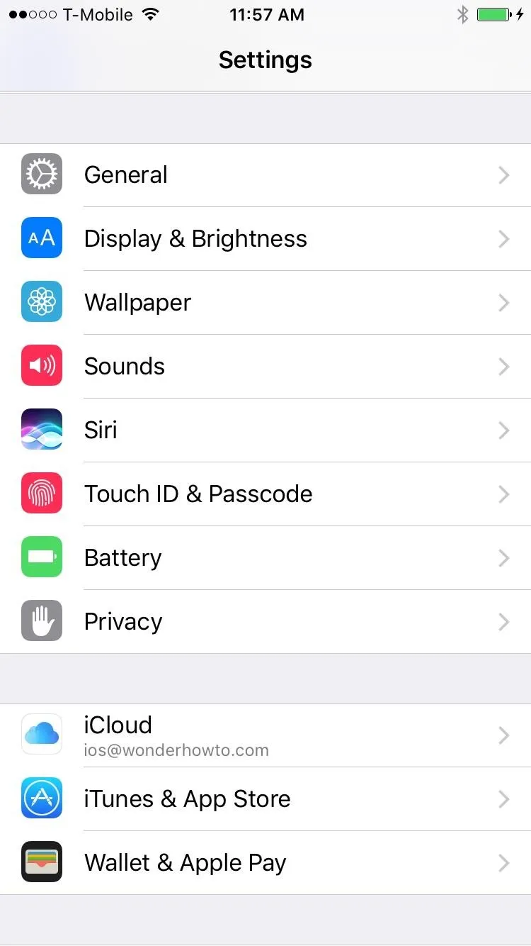 Settings menu on a smartphone displaying various options such as General, Display & Brightness, Sounds, and Privacy.