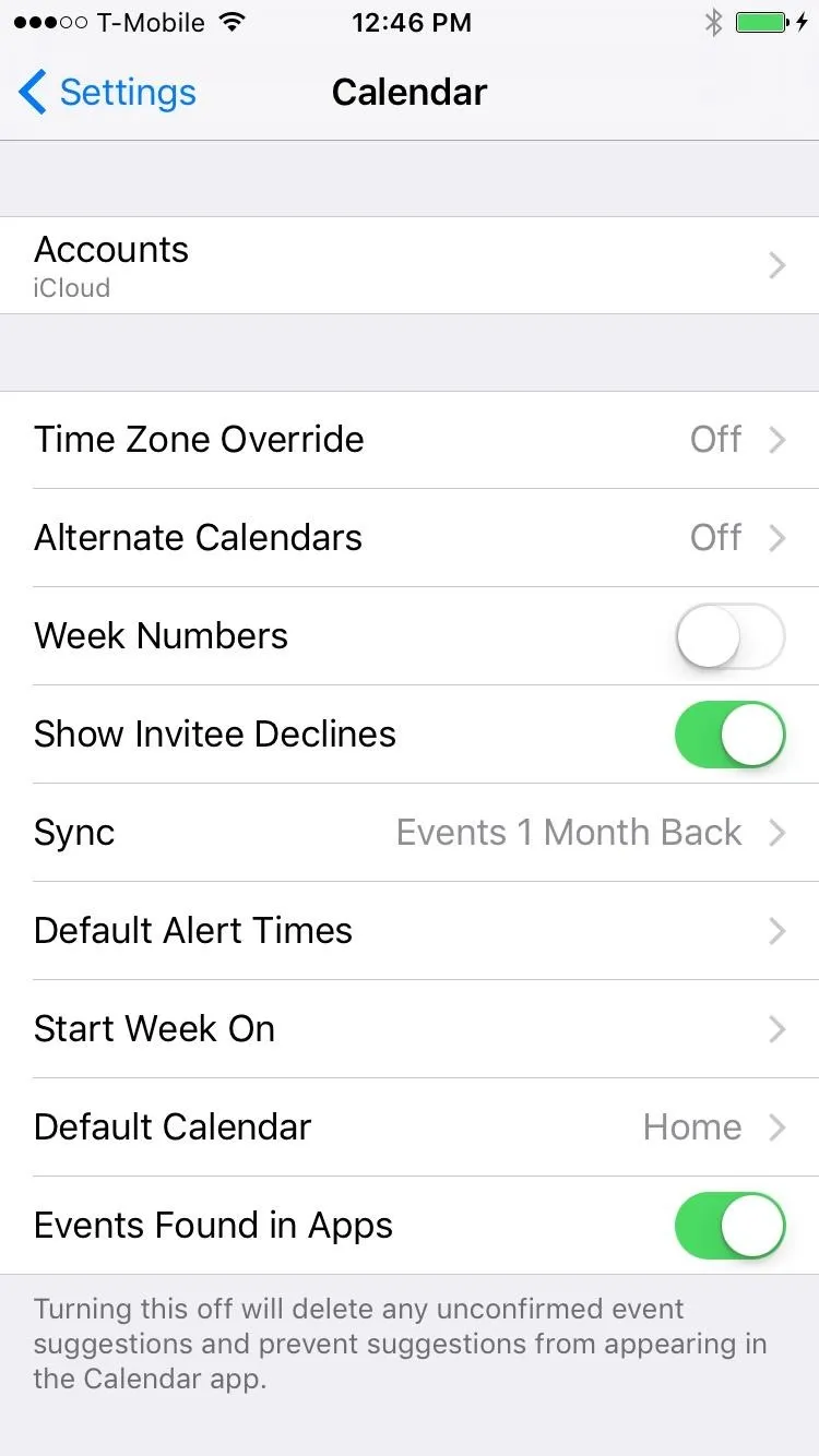 Calendar settings interface on a smartphone.