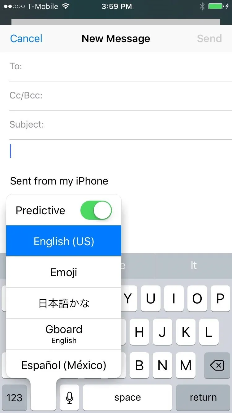 Image of a smartphone screen displaying a messaging interface with options for predictive text and language settings.