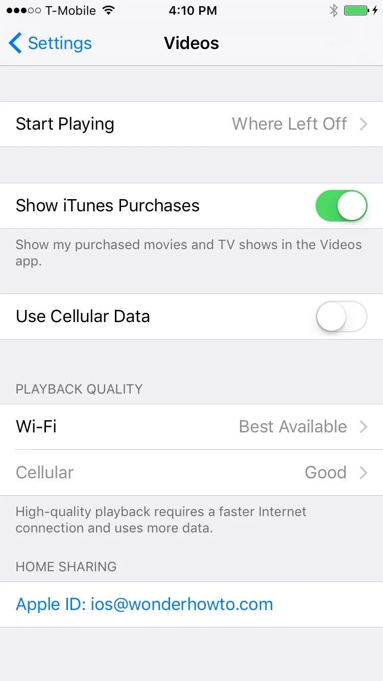 Settings menu displaying options for media playback, including toggle for showing iTunes purchases and cellular data usage.