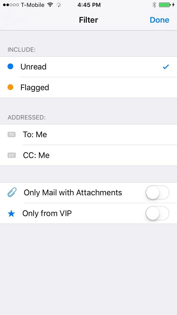 Email filtering options on a mobile device.