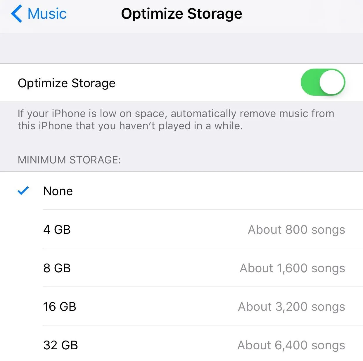 Optimize Storage settings for iPhone music management.