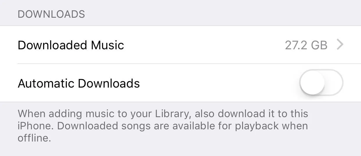 Downloaded Music settings on an iPhone with automatic downloads option.