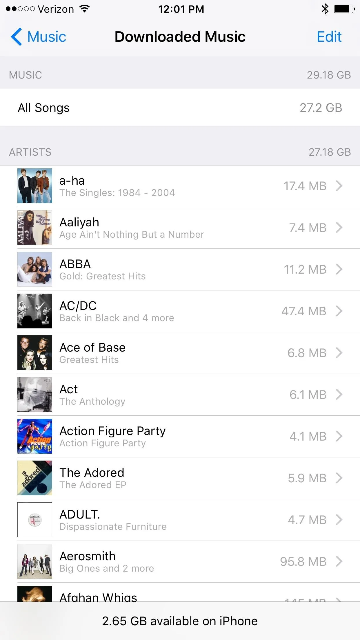 Downloaded music list on a mobile device.