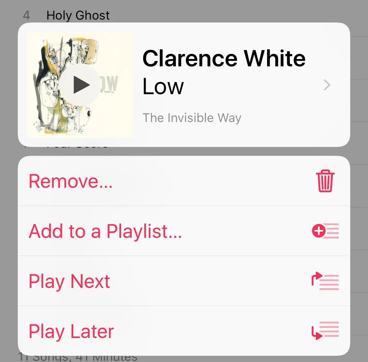 Music player interface showing "Clarence White - Low" with options to remove, add to a playlist, play next, or play later.