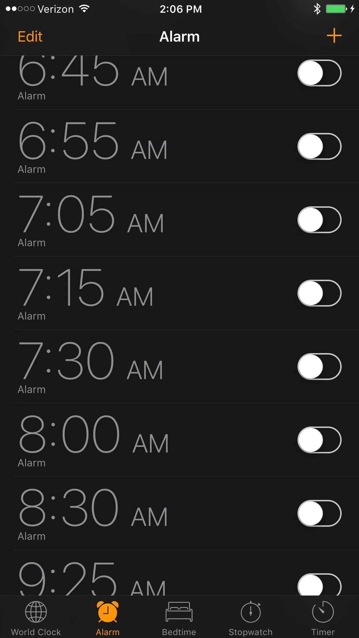 Alarm clock interface with multiple set alarms.