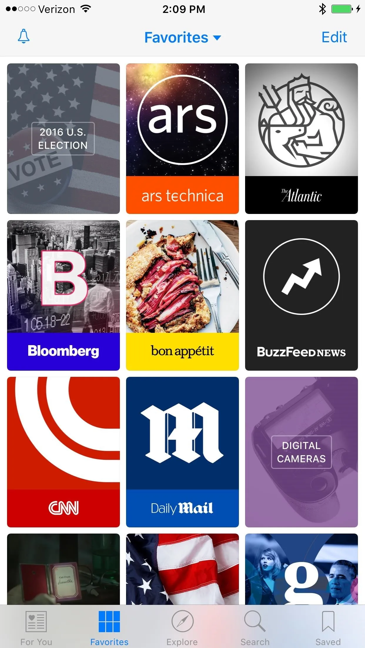 News app dashboard featuring various news source icons.