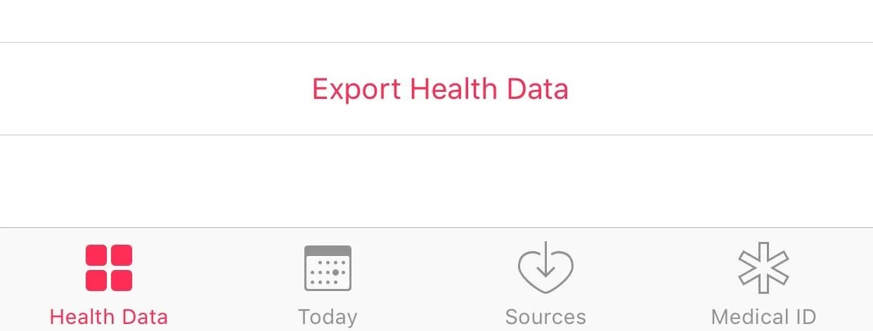 Health data management interface with options for exporting data, viewing today's information, and accessing sources and medical ID.