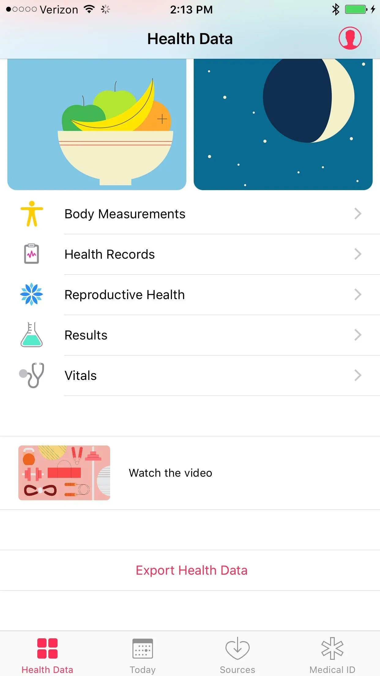 Health app interface displaying various health data categories such as measurements, records, reproductive health, and health status.