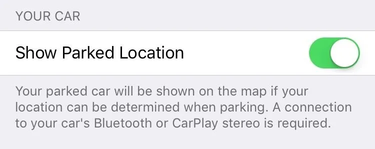 Parked car location settings with toggle option for Bluetooth or CarPlay connection.