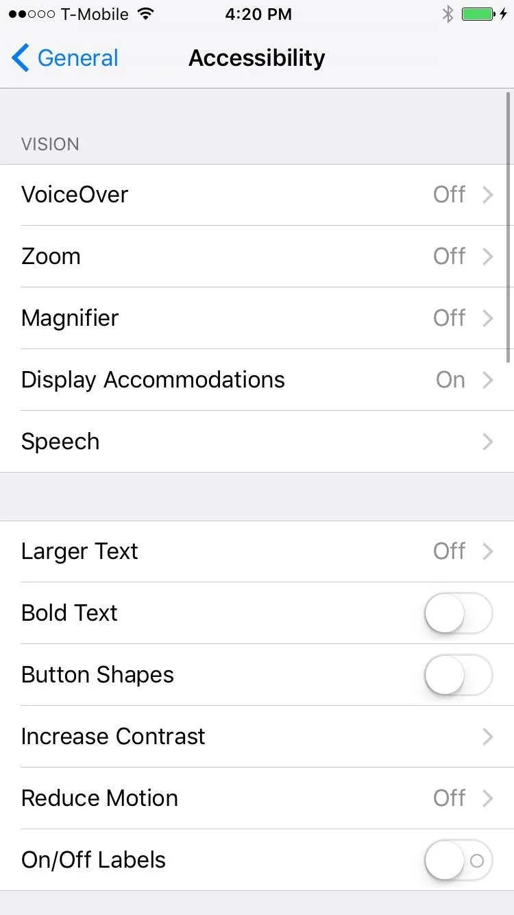 Accessibility settings menu on a smartphone.