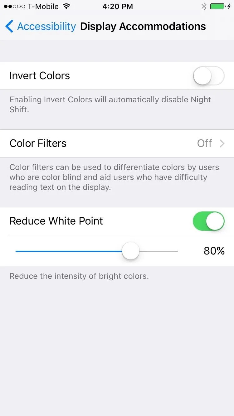 Accessibility settings menu on a smartphone displaying options for color adjustments and filter settings.