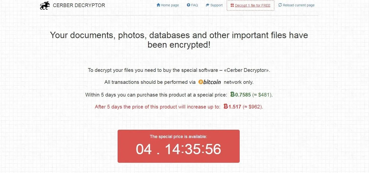 Ransomware warning message with encryption countdown timer.