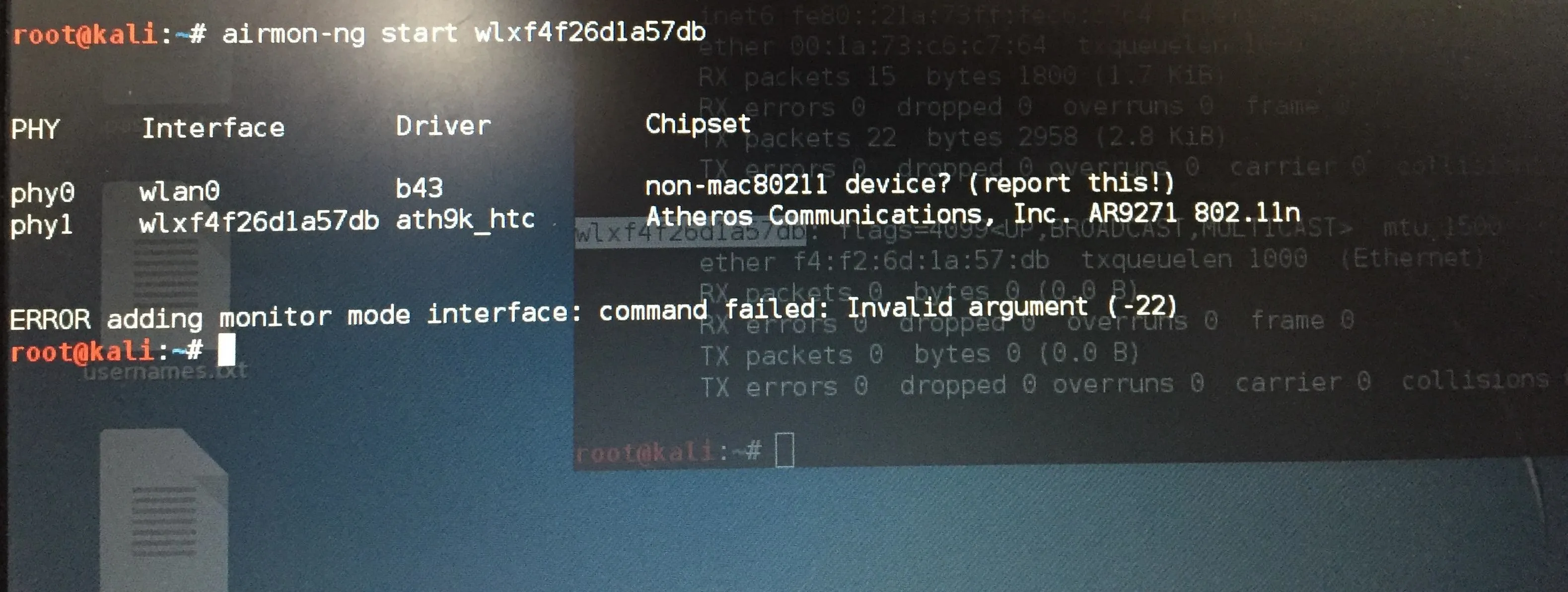Terminal window displaying network interface configuration and error message.