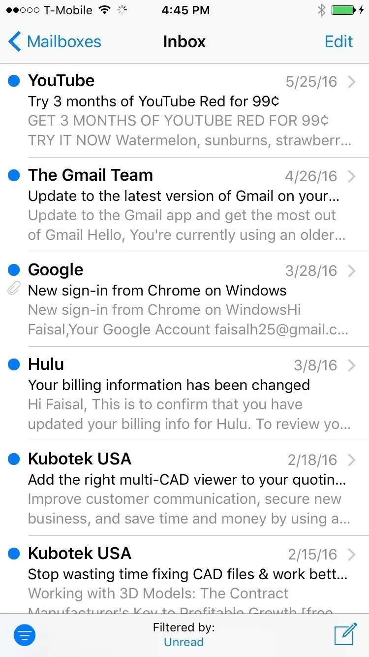 Email inbox overview on a mobile device.