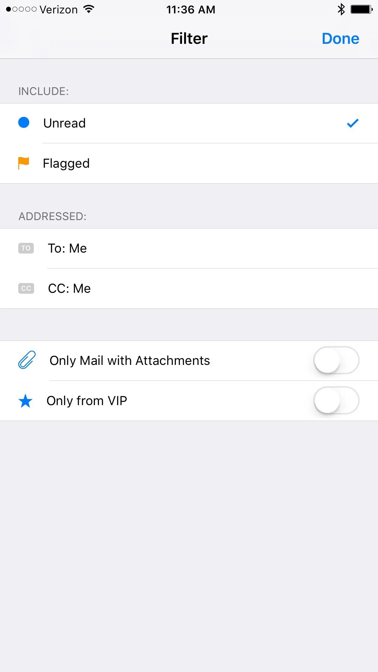 Email filter settings on a mobile device.