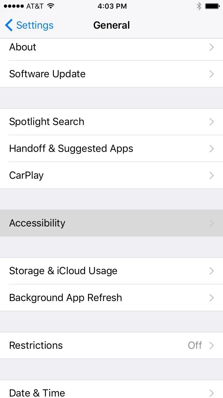 iPhone settings menu displaying options for general settings, including software update and accessibility.