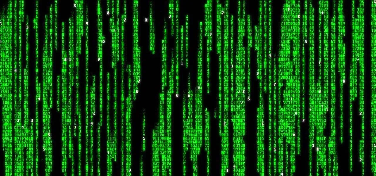 Green digital code cascading down a black background.