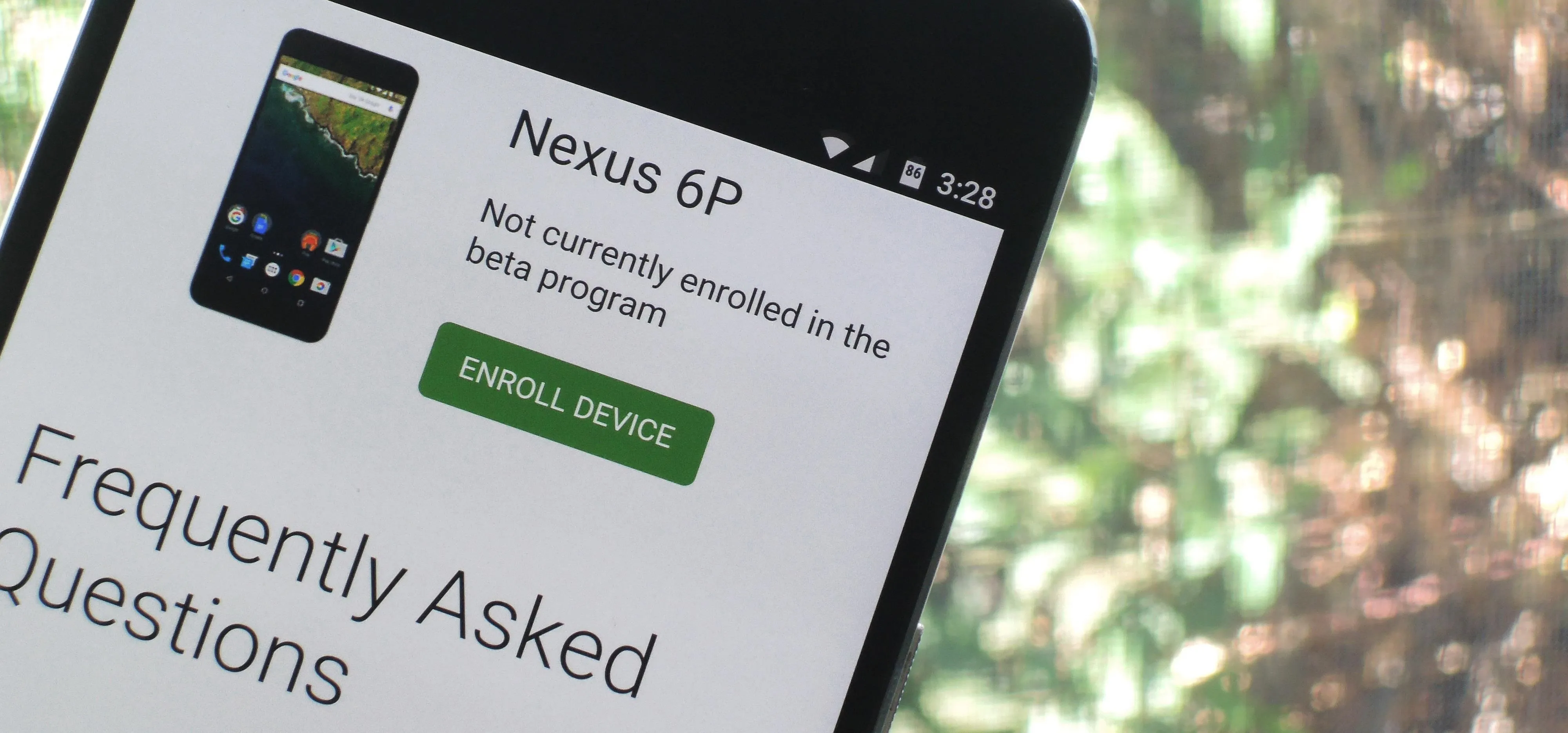 Nexus 6P smartphone displaying enrollment status in a beta program.