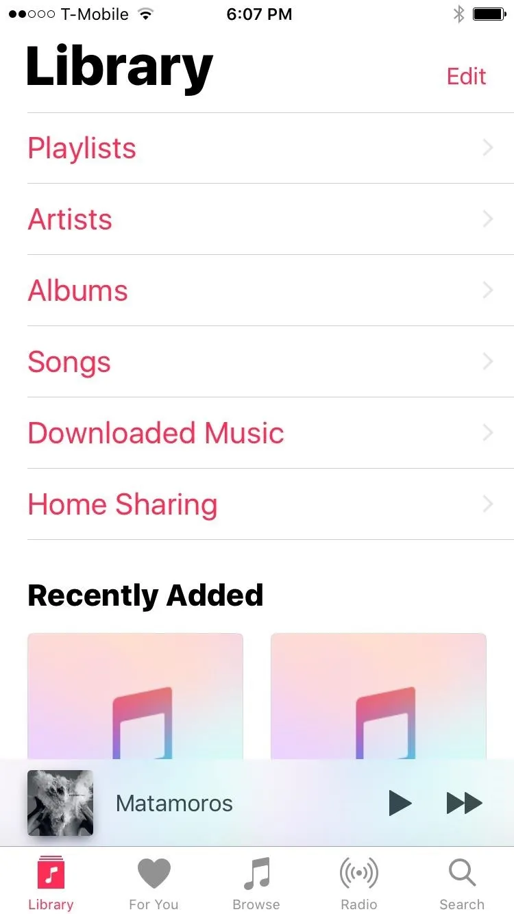 Music library interface with recently added songs displayed.