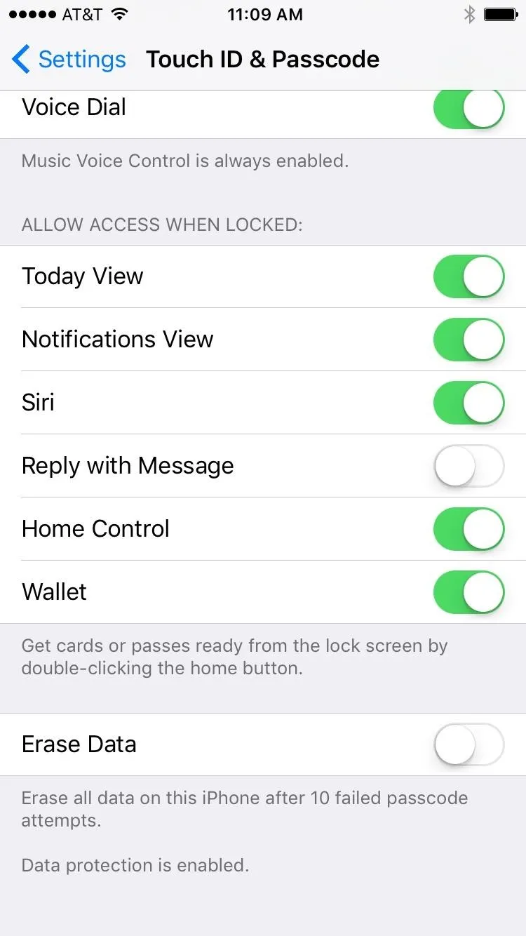 Settings menu with toggle options for various features on a smartphone.