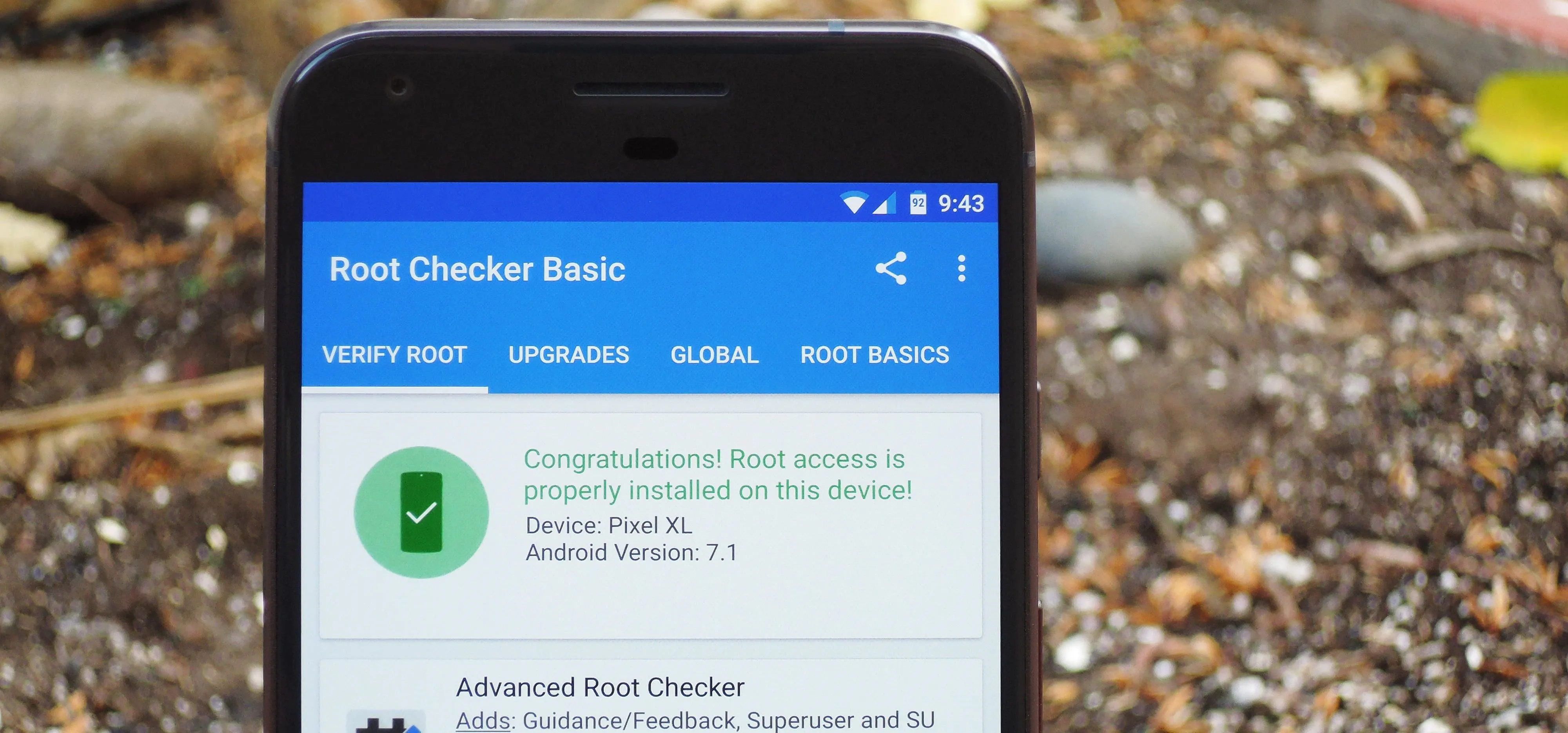 Root Checker Basic app interface on a smartphone.