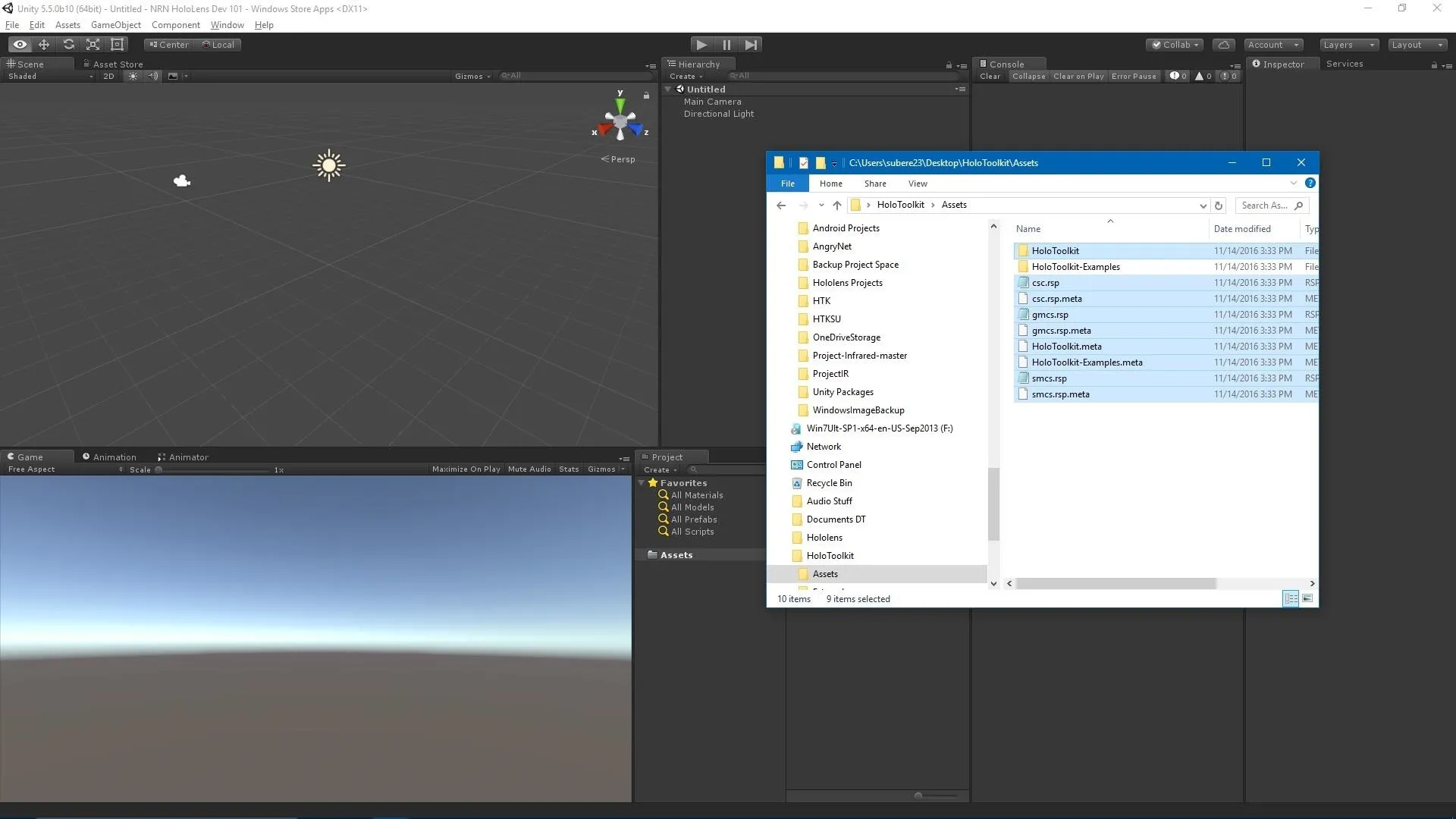 Unity interface displaying a 3D scene with a file explorer open.