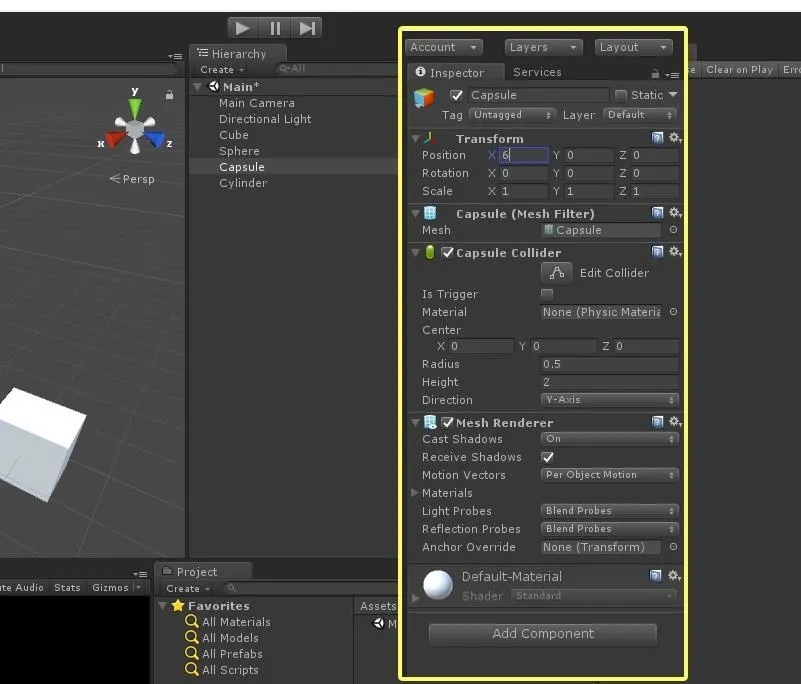 Unity game development interface with Inspector panel displaying object properties.