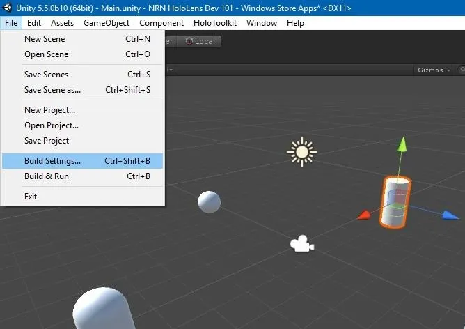 Menu options in Unity interface for a 3D project.