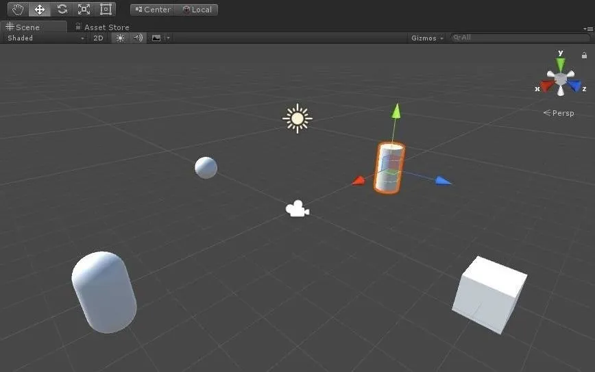 3D modeling workspace with basic geometric shapes and a sun icon.