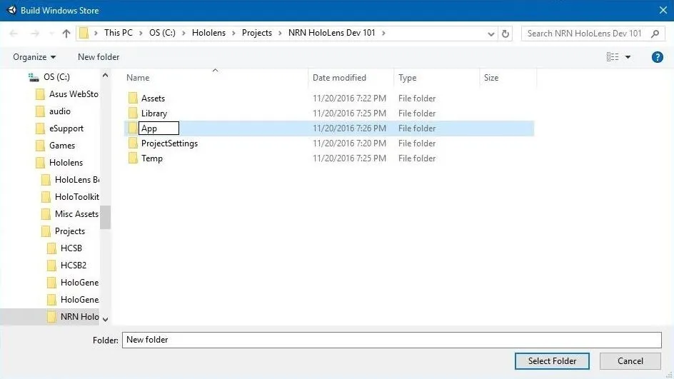 Folder selection dialog displaying project files on a computer.