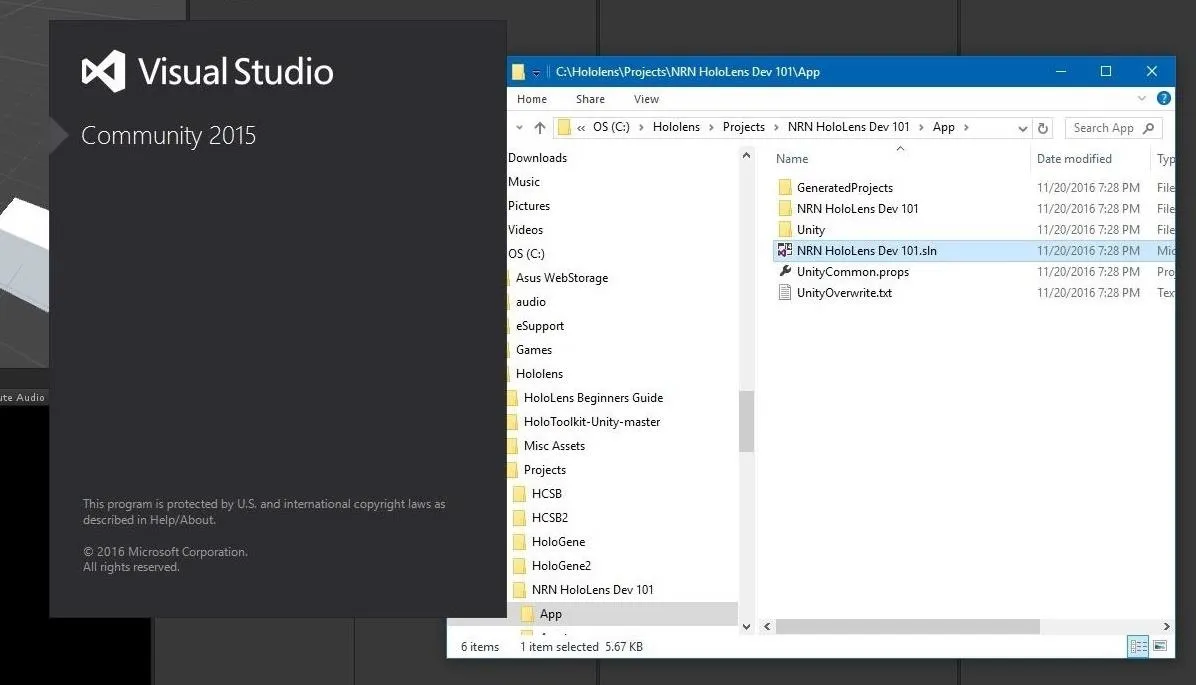 Visual Studio Community 2015 interface with file explorer.