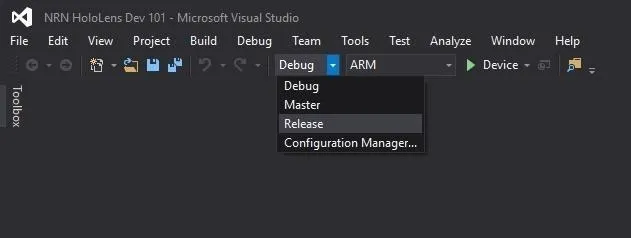 Microsoft Visual Studio interface displaying the Debug menu with options for ARM, Mute, and Remote.
